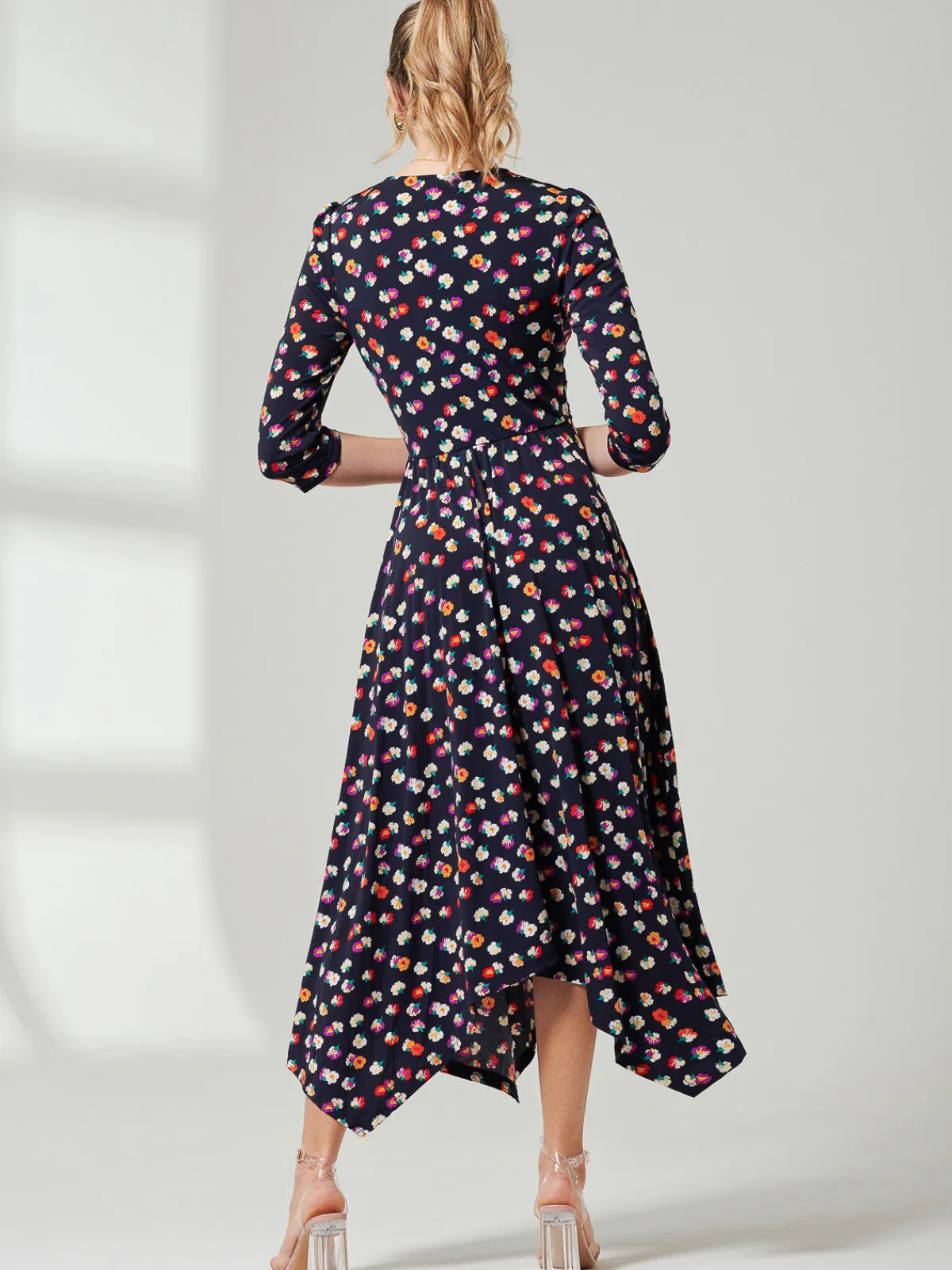 Jolie Moi Occasion Dresses|Office Dresses-Knot Front Hanky Hem Dress, Navy Floral