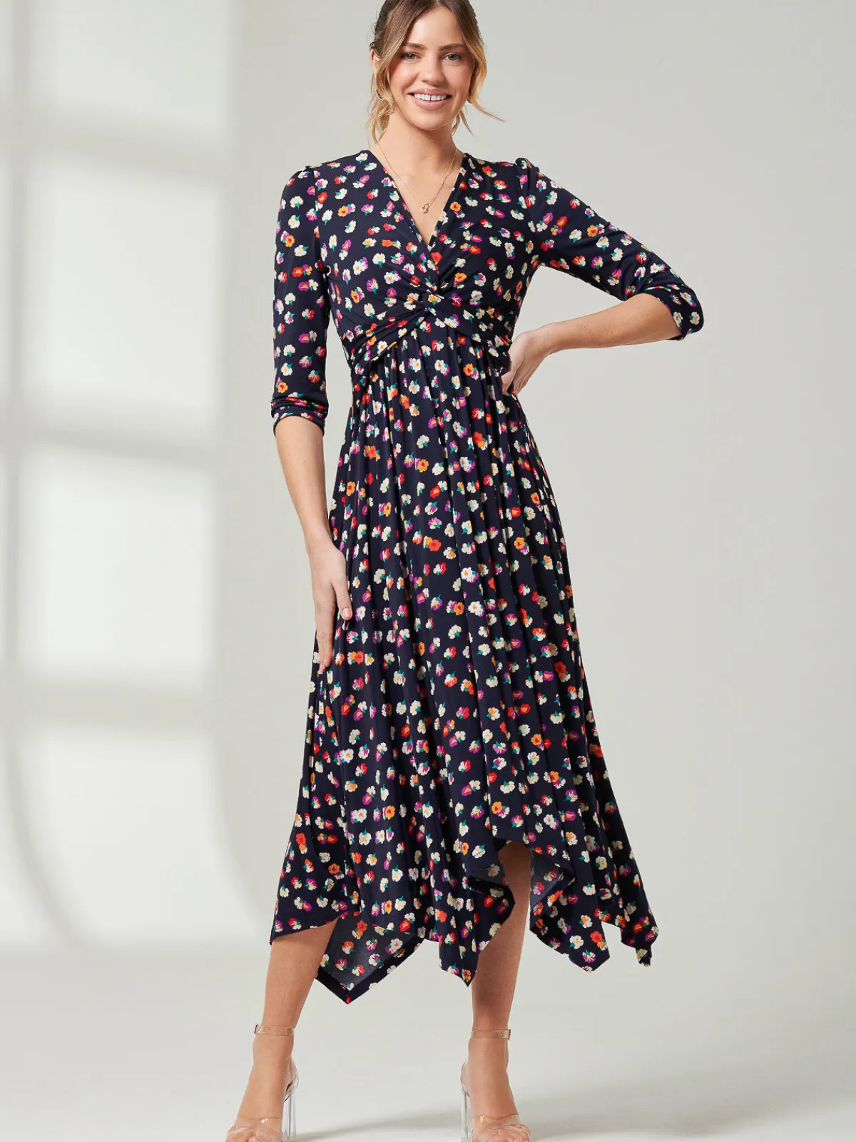 Jolie Moi Occasion Dresses|Office Dresses-Knot Front Hanky Hem Dress, Navy Floral