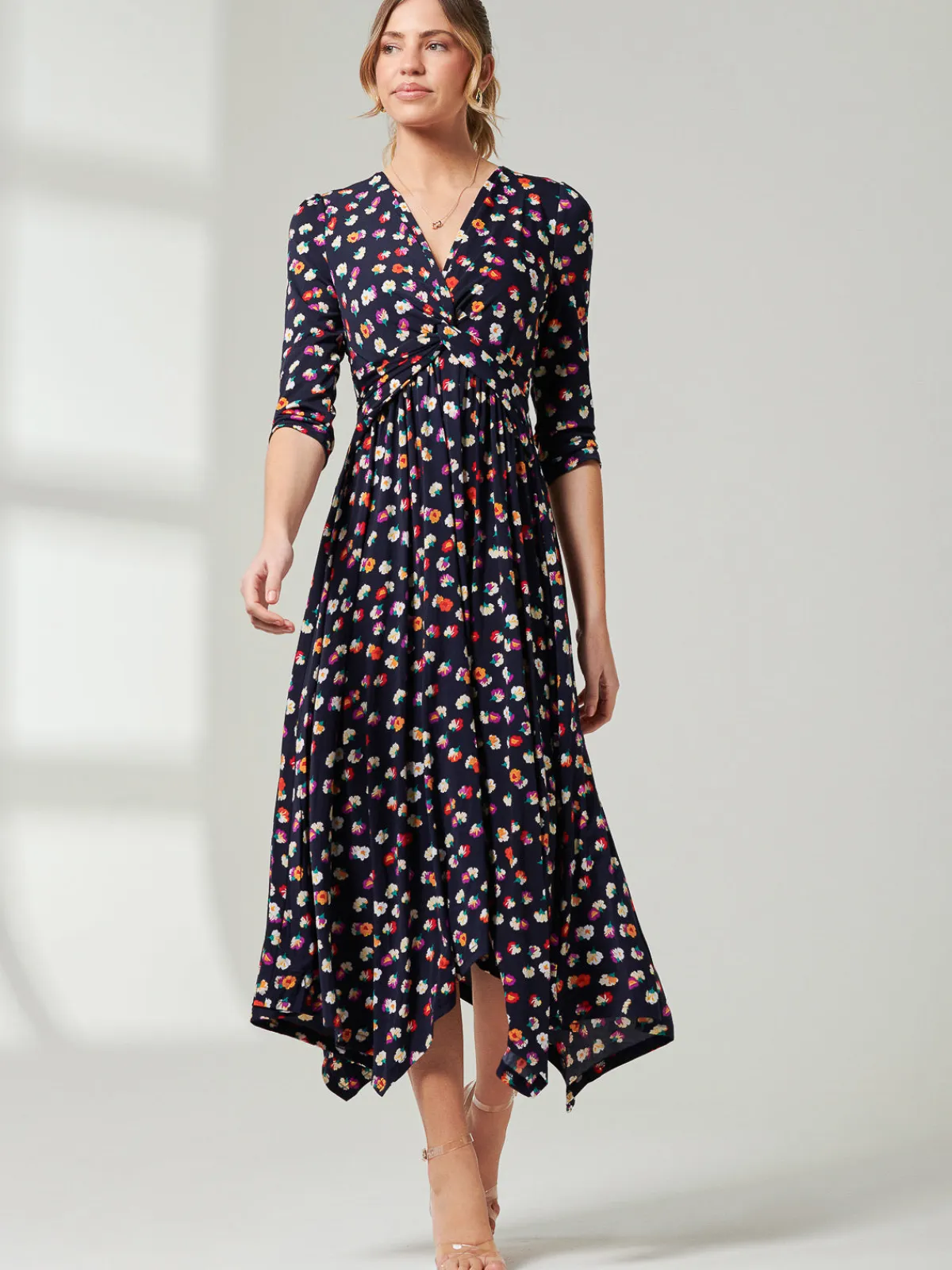 Jolie Moi Occasion Dresses|Office Dresses-Knot Front Hanky Hem Dress, Navy Floral