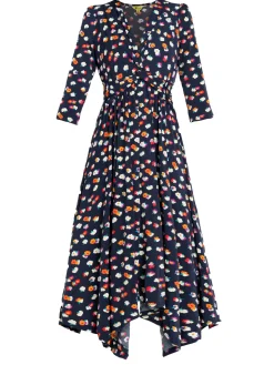 Jolie Moi Occasion Dresses|Office Dresses-Knot Front Hanky Hem Dress, Navy Floral