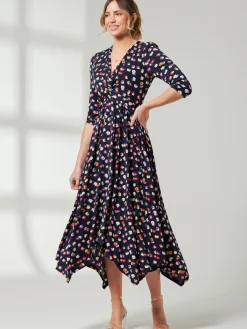 Jolie Moi Occasion Dresses|Office Dresses-Knot Front Hanky Hem Dress, Navy Floral