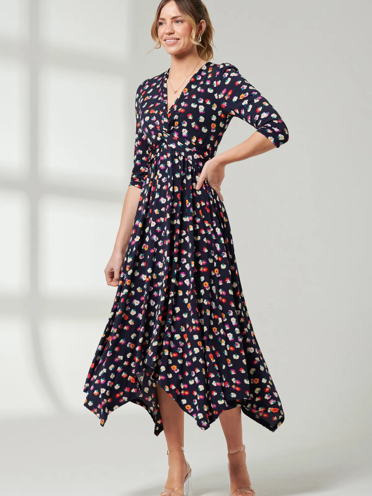 Jolie Moi Occasion Dresses|Office Dresses-Knot Front Hanky Hem Dress, Navy Floral