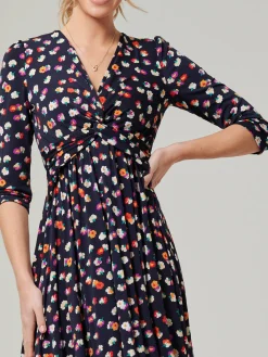 Jolie Moi Occasion Dresses|Office Dresses-Knot Front Hanky Hem Dress, Navy Floral