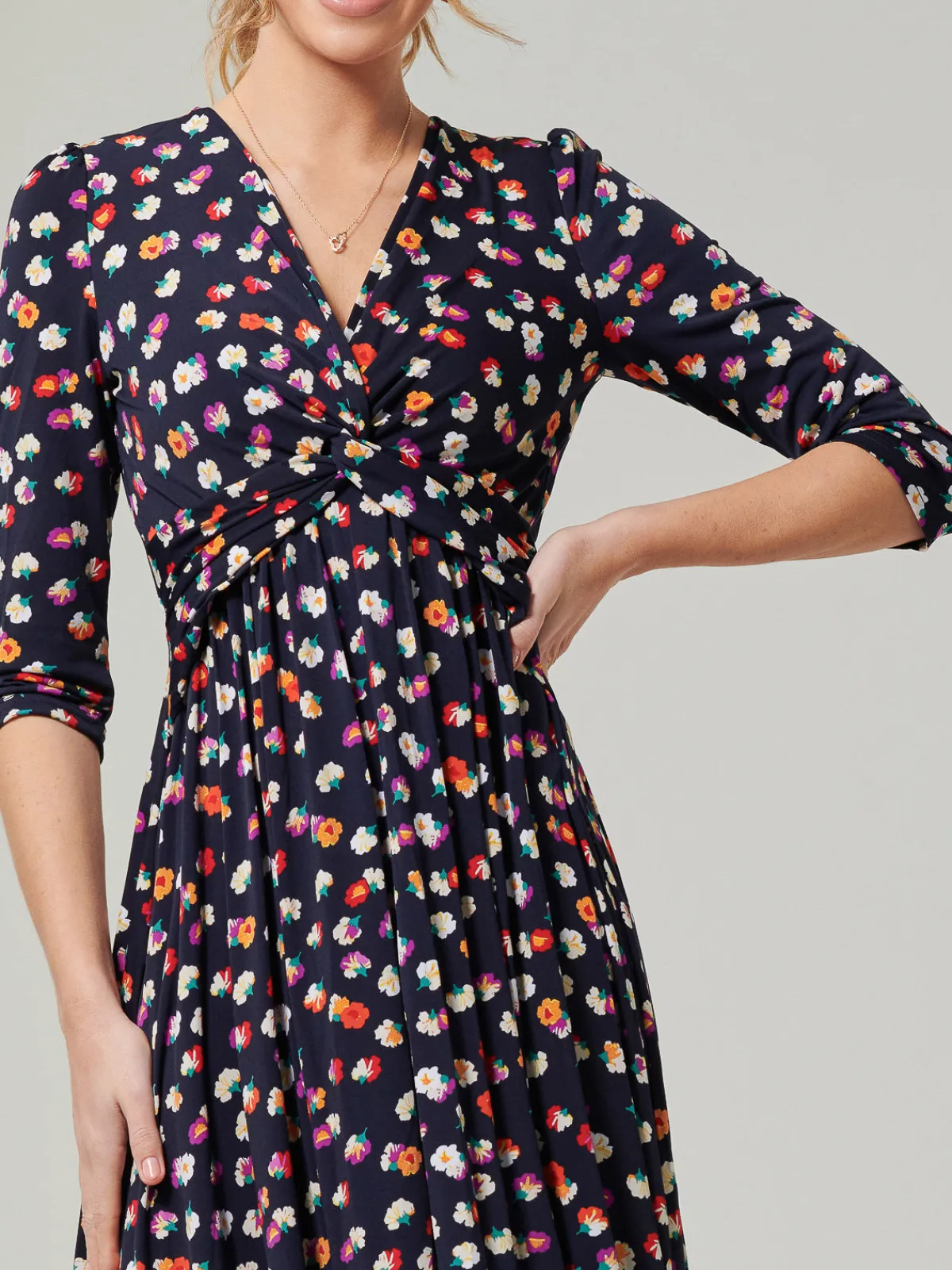 Jolie Moi Occasion Dresses|Office Dresses-Knot Front Hanky Hem Dress, Navy Floral