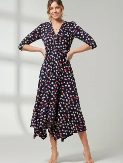 Jolie Moi Occasion Dresses|Office Dresses-Knot Front Hanky Hem Dress, Navy Floral