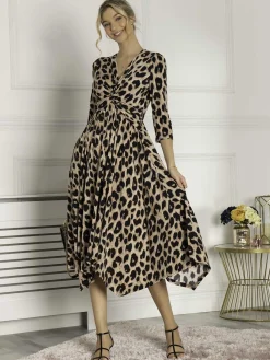 Jolie Moi Occasion Dresses|Office Dresses-Knot Front Hanky Hem Dress, Pink Animal