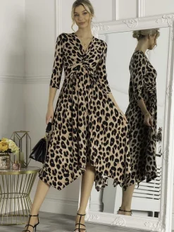 Jolie Moi Occasion Dresses|Office Dresses-Knot Front Hanky Hem Dress, Pink Animal