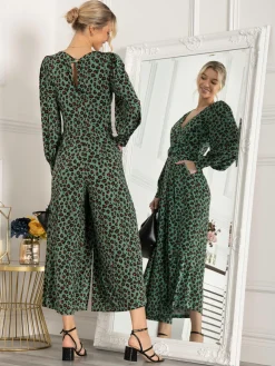 Jolie Moi Weekend Casuals|Jumpsuits-Kylie Long Sleeve Jumpsuit, Green Animal