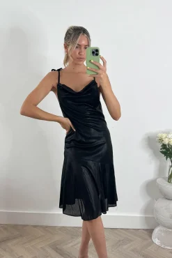 Jolie Moi Occasion Dresses|Sleeveless Dresses-Leela Cowl Neck Tie Strap Dress, Black