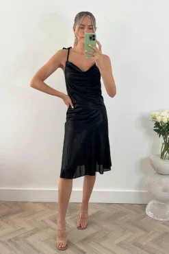 Jolie Moi Occasion Dresses|Sleeveless Dresses-Leela Cowl Neck Tie Strap Dress, Black