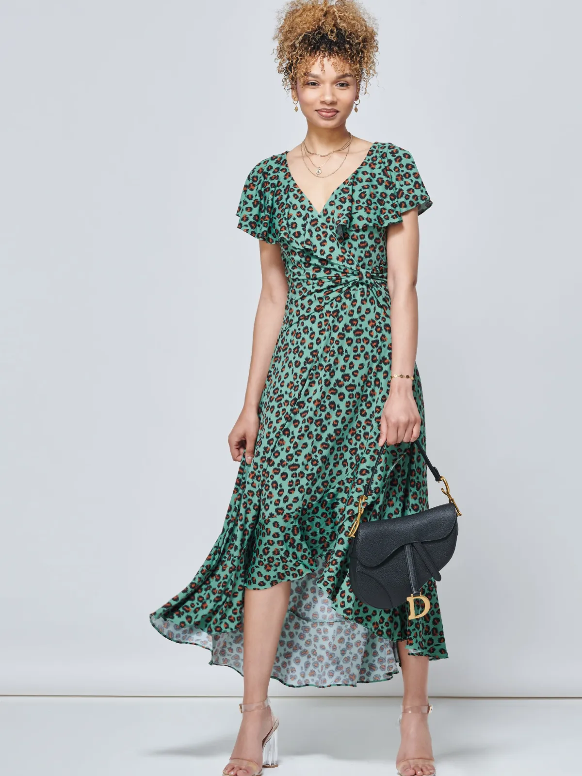 Jolie Moi Occasion Dresses|Jersey Dresses-Luciana Animal Print Dip Hem Dress, Green