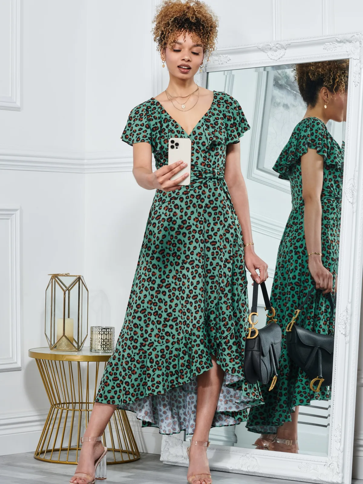 Jolie Moi Occasion Dresses|Jersey Dresses-Luciana Animal Print Dip Hem Dress, Green