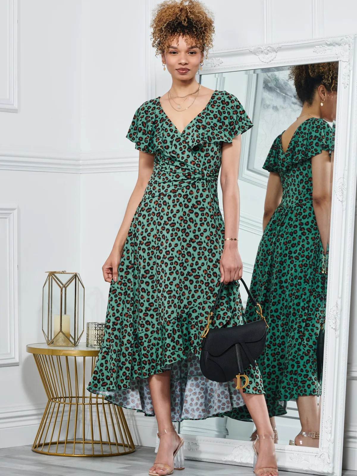 Jolie Moi Occasion Dresses|Jersey Dresses-Luciana Animal Print Dip Hem Dress, Green