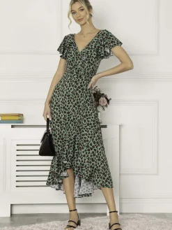 Jolie Moi Occasion Dresses|Jersey Dresses-Luciana Animal Print Dip Hem Dress, Green
