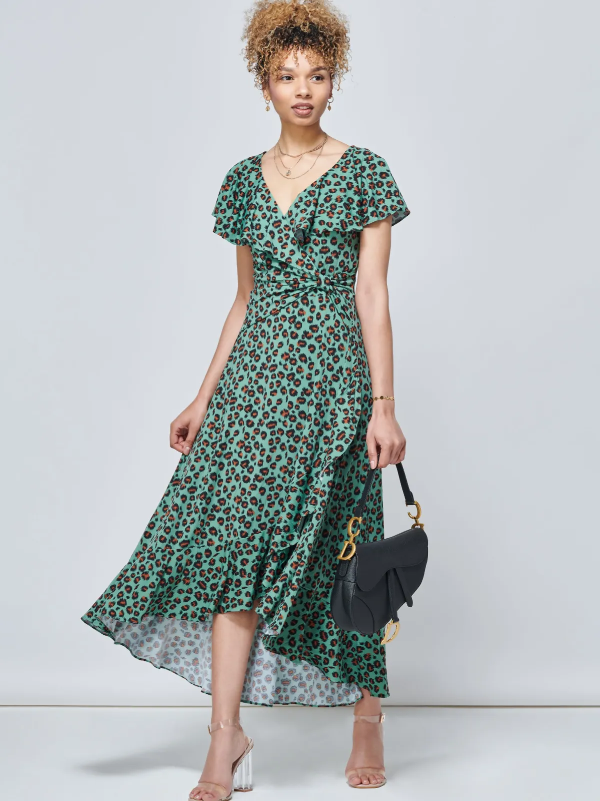Jolie Moi Occasion Dresses|Jersey Dresses-Luciana Animal Print Dip Hem Dress, Green