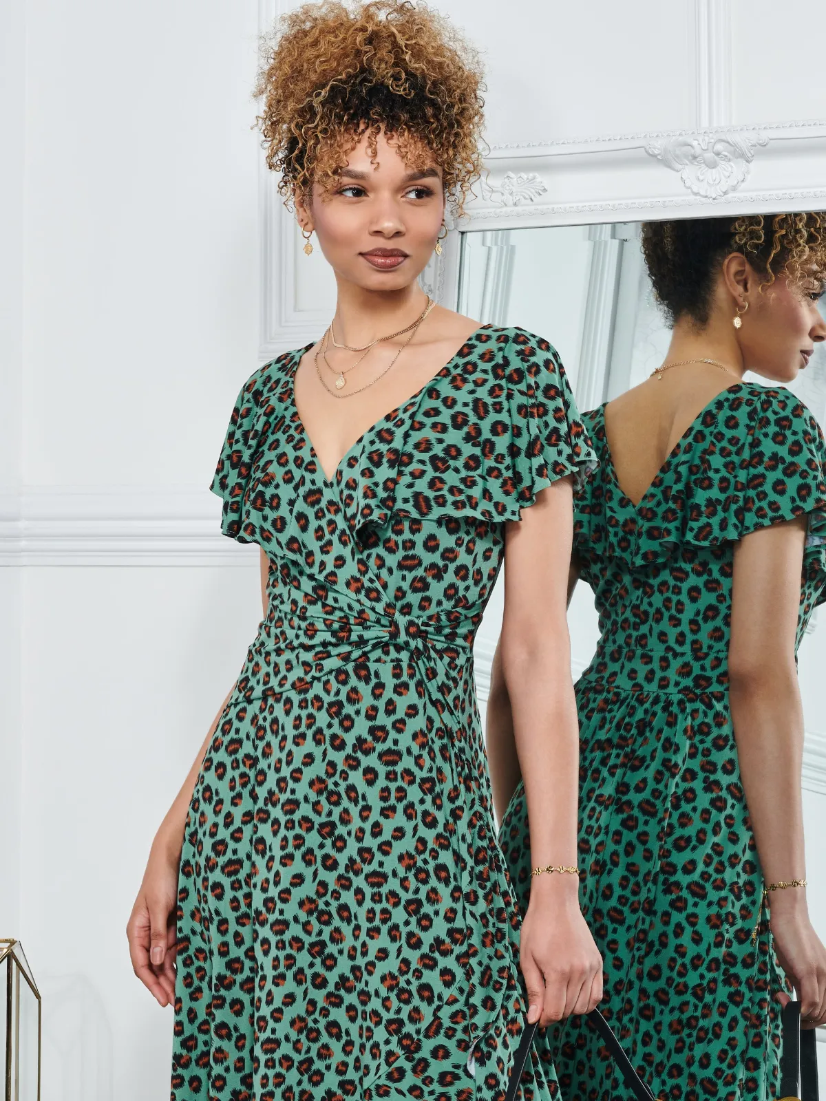 Jolie Moi Occasion Dresses|Jersey Dresses-Luciana Animal Print Dip Hem Dress, Green