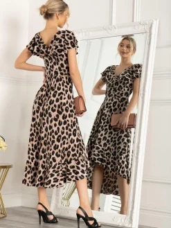 Jolie Moi Occasion Dresses|Animal Print Dresses-Luciana Frilly Dipped Hem Dress, Pink Animal
