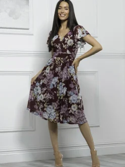 Jolie Moi Occasion Dresses|Floral Dresses-Lylah Cross Front Mesh Dress, Dark Red