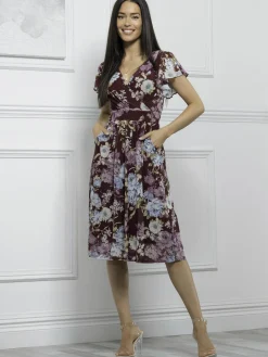 Jolie Moi Occasion Dresses|Floral Dresses-Lylah Cross Front Mesh Dress, Dark Red