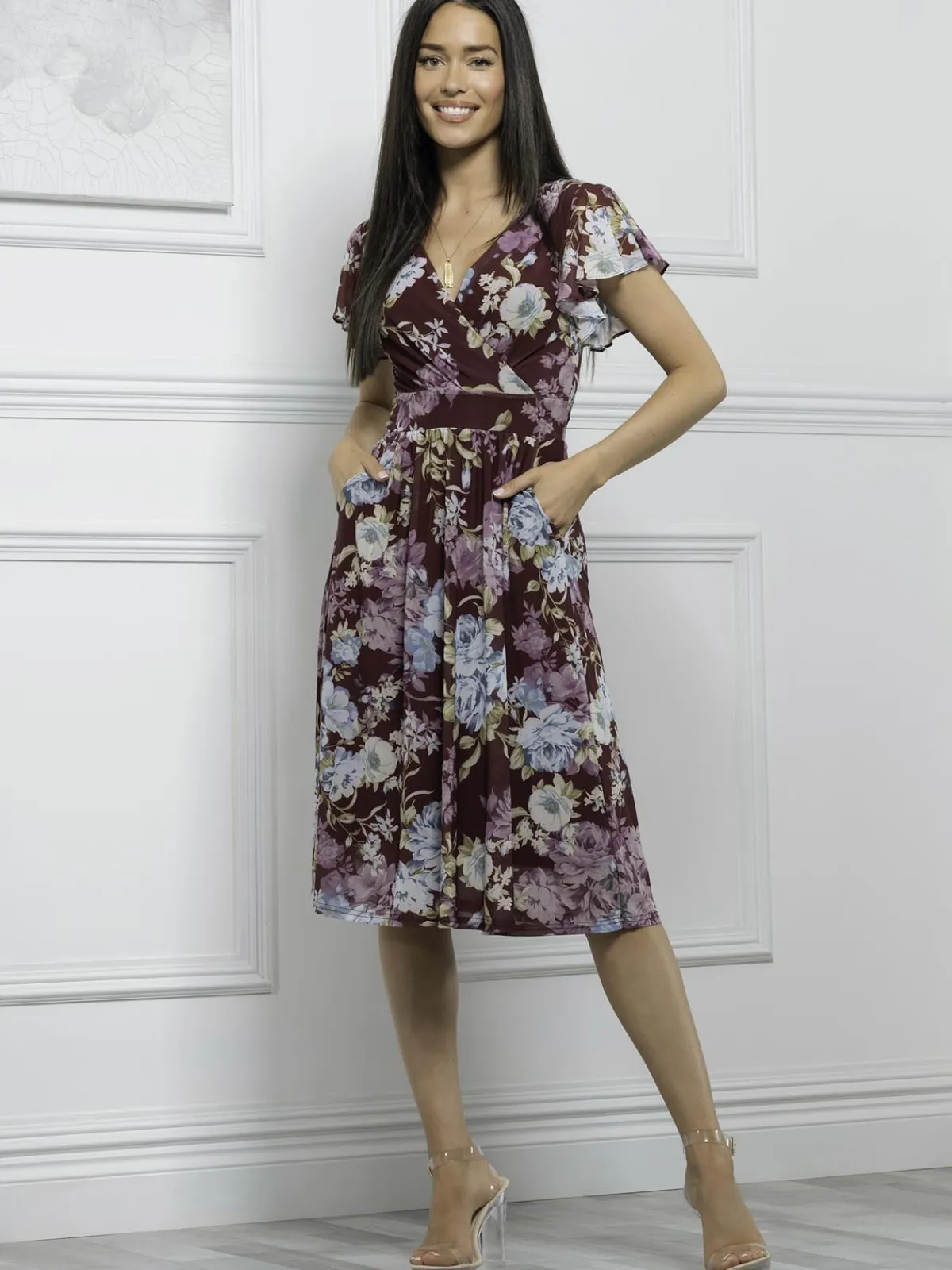 Jolie Moi Occasion Dresses|Floral Dresses-Lylah Cross Front Mesh Dress, Dark Red