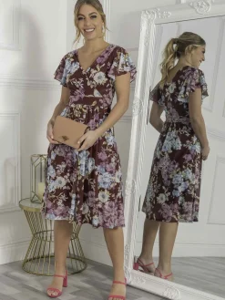 Jolie Moi Occasion Dresses|Floral Dresses-Lylah Cross Front Mesh Dress, Dark Red