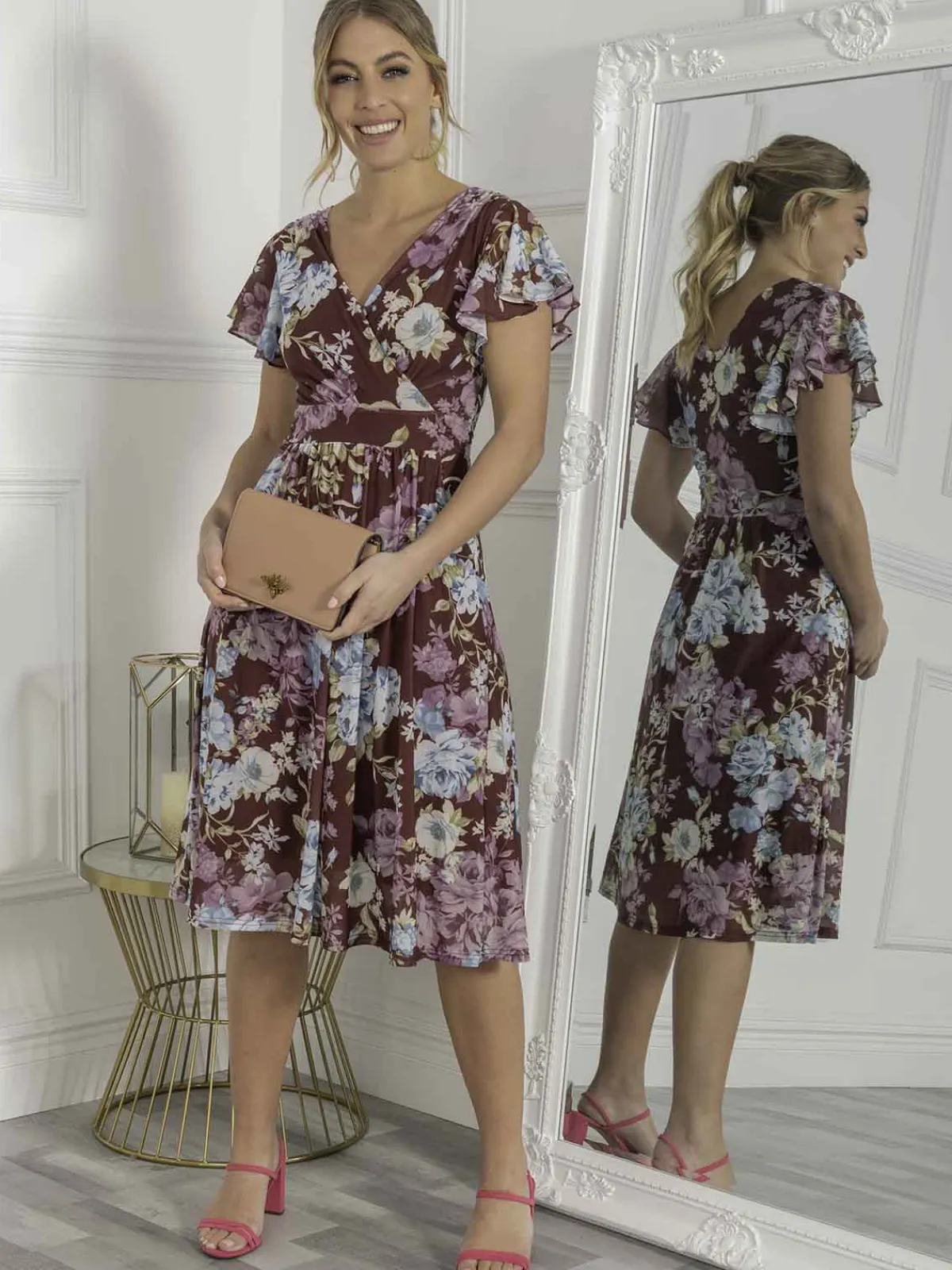 Jolie Moi Occasion Dresses|Floral Dresses-Lylah Cross Front Mesh Dress, Dark Red
