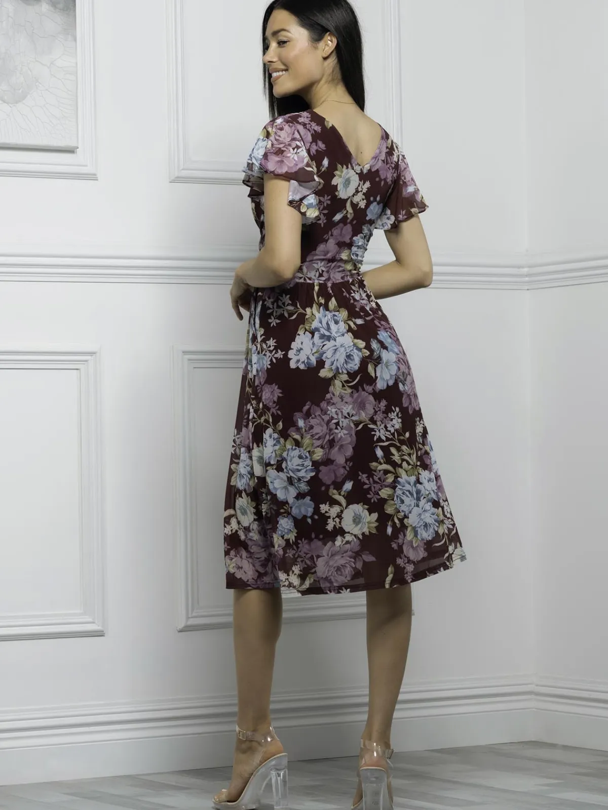 Jolie Moi Occasion Dresses|Floral Dresses-Lylah Cross Front Mesh Dress, Dark Red