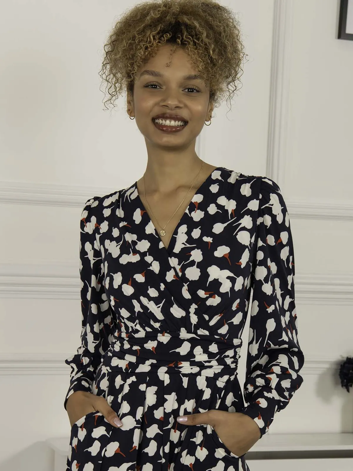 Jolie Moi Occasion Dresses|Weekend Casuals-Nancy Long Sleeve Maxi Dress, Navy White Floral