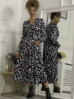 Jolie Moi Occasion Dresses|Weekend Casuals-Nancy Long Sleeve Maxi Dress, Navy White Floral
