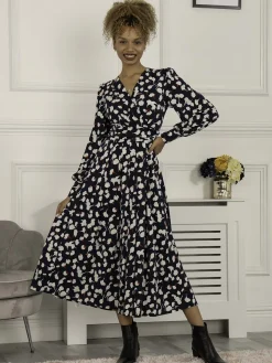 Jolie Moi Occasion Dresses|Weekend Casuals-Nancy Long Sleeve Maxi Dress, Navy White Floral