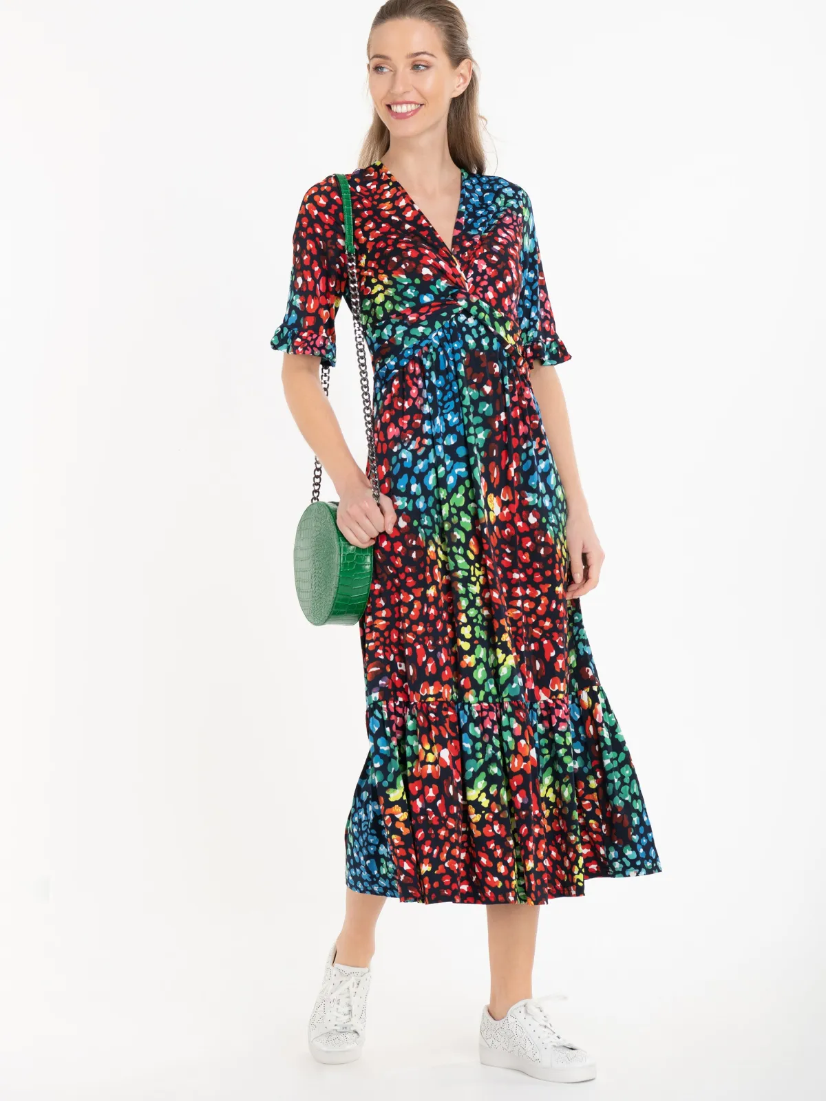 Jolie Moi Occasion Dresses|Jersey Dresses-Paola Tiered Midi Dress, Navy/Multi