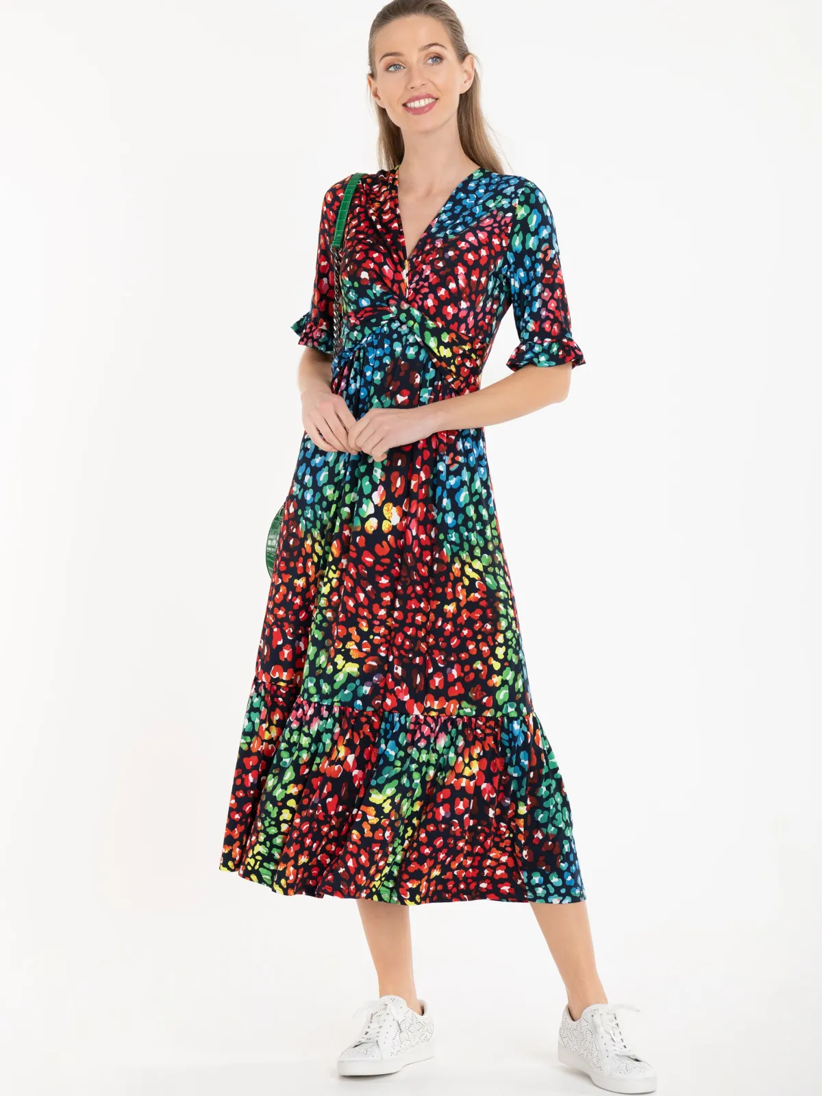 Jolie Moi Occasion Dresses|Jersey Dresses-Paola Tiered Midi Dress, Navy/Multi
