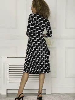 Jolie Moi Occasion Dresses|Jersey Dresses-Petra 3/4 Sleeve Ruched Dress, Black Geo