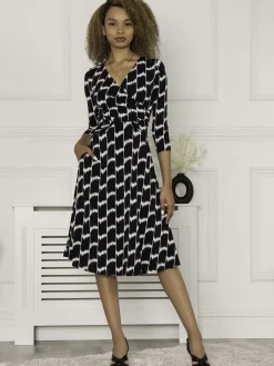 Jolie Moi Occasion Dresses|Jersey Dresses-Petra 3/4 Sleeve Ruched Dress, Black Geo