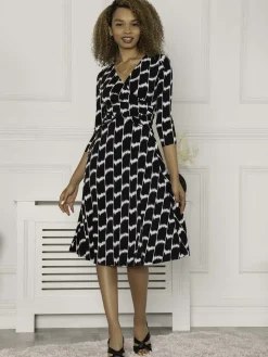 Jolie Moi Occasion Dresses|Jersey Dresses-Petra 3/4 Sleeve Ruched Dress, Black Geo