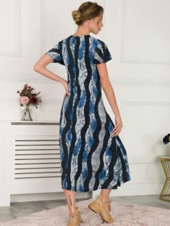 Jolie Moi Weekend Casuals|Maxi Dresses-Printed Cap Sleeve Dress, Navy Multi