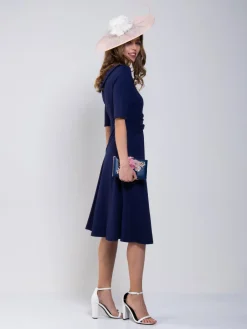 Jolie Moi Occasion Dresses|Office Wear-Roll Collar 50s Dress, Navy