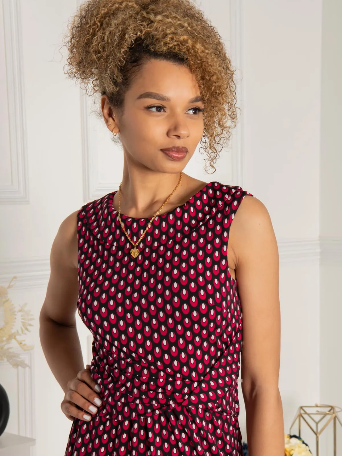 Jolie Moi Occasion Dresses|Race Day Dresses-Roll Collar Sleeveless Shift Dress, Pink Geo
