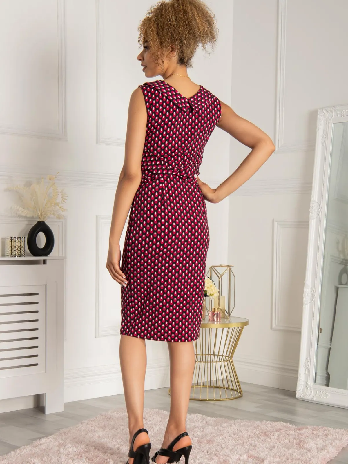 Jolie Moi Occasion Dresses|Race Day Dresses-Roll Collar Sleeveless Shift Dress, Pink Geo