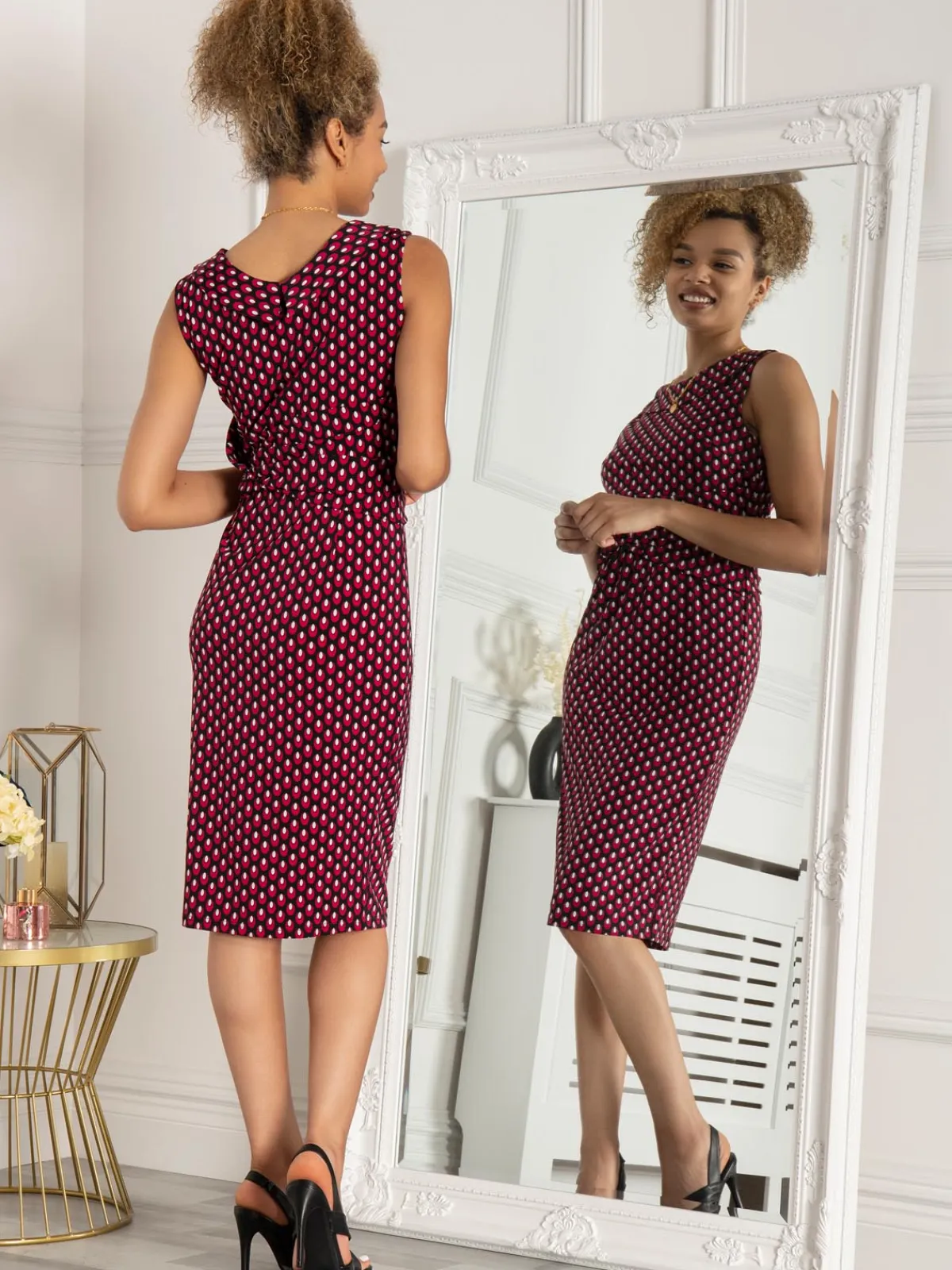 Jolie Moi Occasion Dresses|Race Day Dresses-Roll Collar Sleeveless Shift Dress, Pink Geo