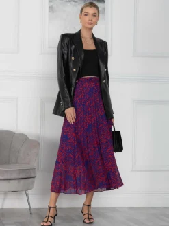 Jolie Moi Skirts-Saige Animal Print Pleated Midi Skirt, Abstract Multi