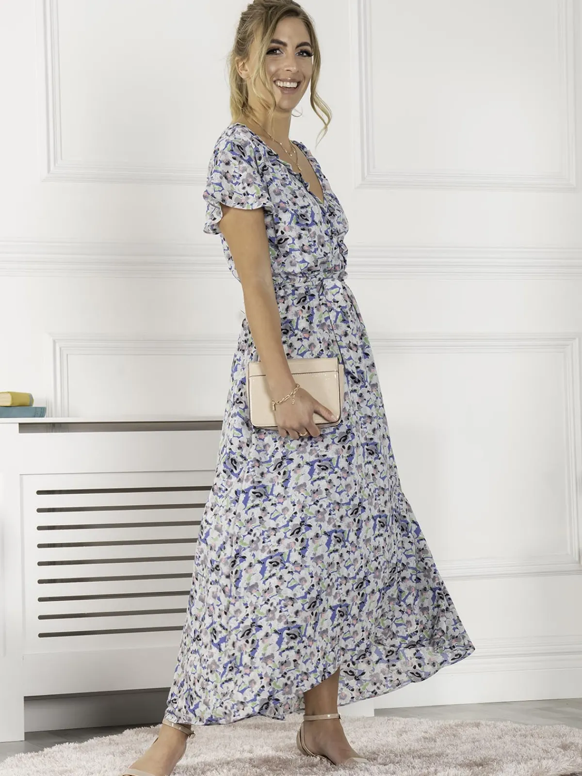 Jolie Moi Occasion Dresses|Wrap Dresses-Selina Wrap Dip Hem Dress, Blue Floral
