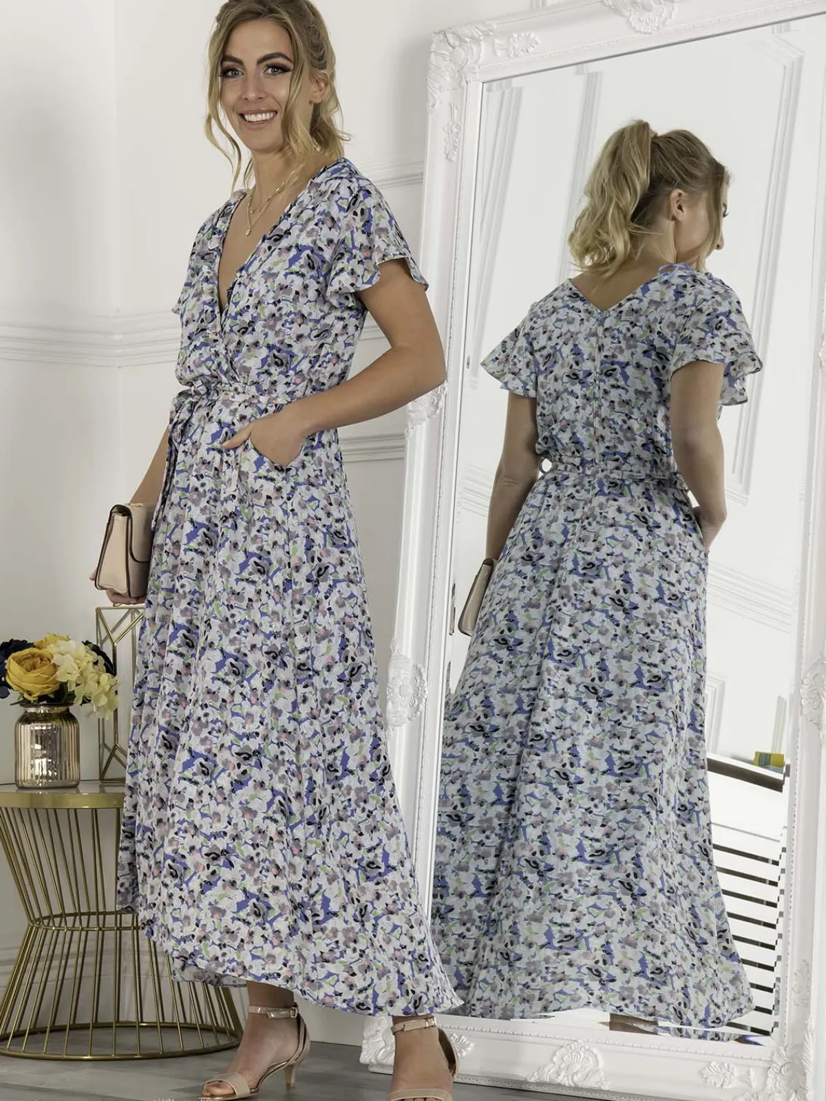 Jolie Moi Occasion Dresses|Wrap Dresses-Selina Wrap Dip Hem Dress, Blue Floral