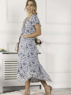 Jolie Moi Occasion Dresses|Wrap Dresses-Selina Wrap Dip Hem Dress, Blue Floral