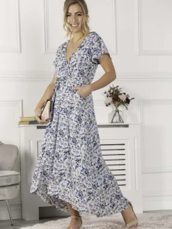 Jolie Moi Occasion Dresses|Wrap Dresses-Selina Wrap Dip Hem Dress, Blue Floral
