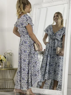 Jolie Moi Occasion Dresses|Wrap Dresses-Selina Wrap Dip Hem Dress, Blue Floral