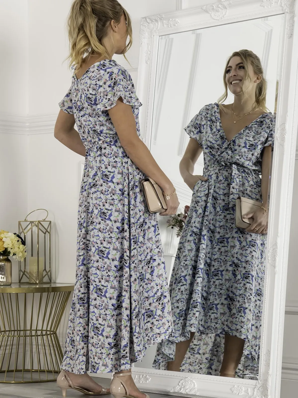 Jolie Moi Occasion Dresses|Wrap Dresses-Selina Wrap Dip Hem Dress, Blue Floral