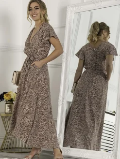Jolie Moi Occasion Dresses|Weekend Casuals-Selina Wrap Dip Hem Dress, Pink Animal