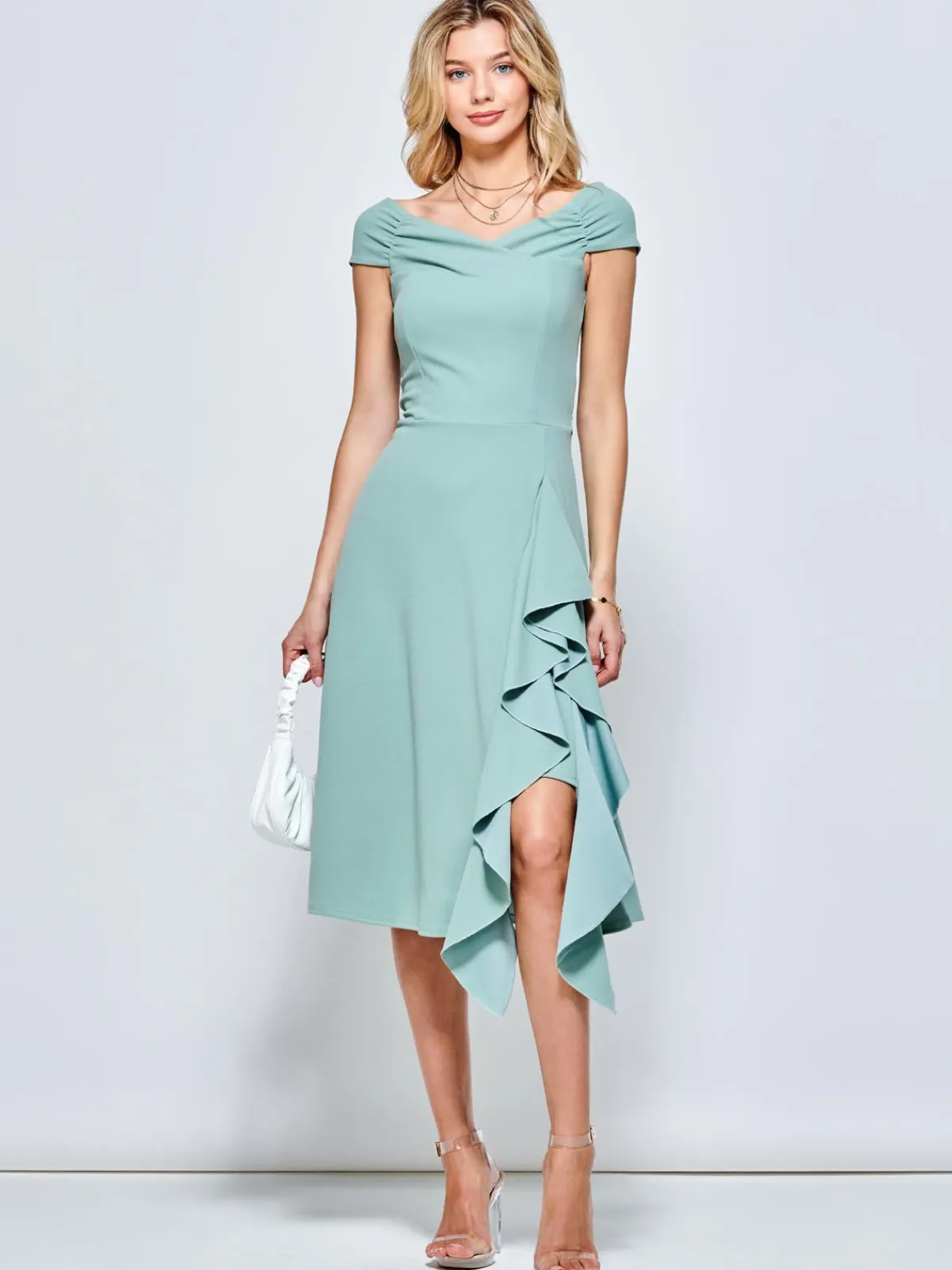 Jolie Moi Occasion Dresses-Skylar Off Shoulder Ruffle Hem Dress, Mint Green