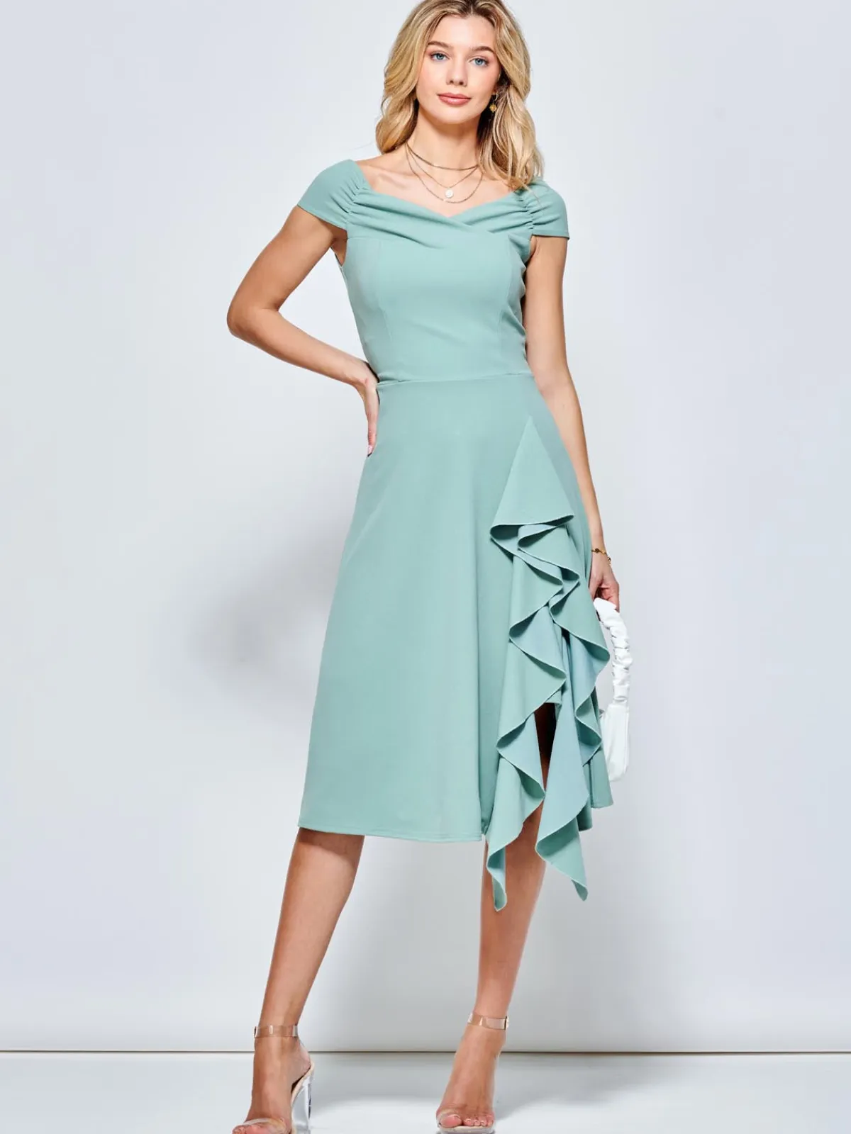 Jolie Moi Occasion Dresses-Skylar Off Shoulder Ruffle Hem Dress, Mint Green